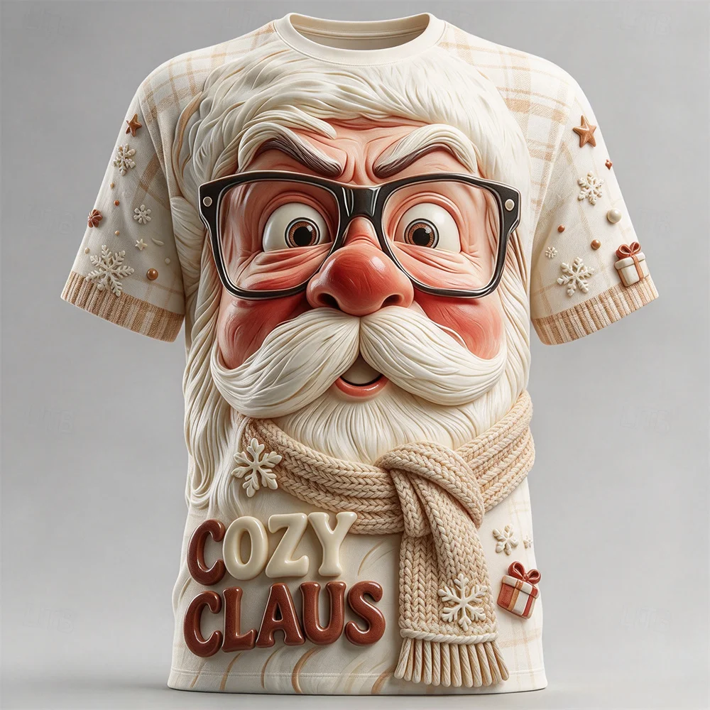 Christmas Men's Short Sleeve Tee Funny Santa Graphic T-shirt Plaid Splicing Xmas Tops Ugly Christmas Party Costume Male Clothing