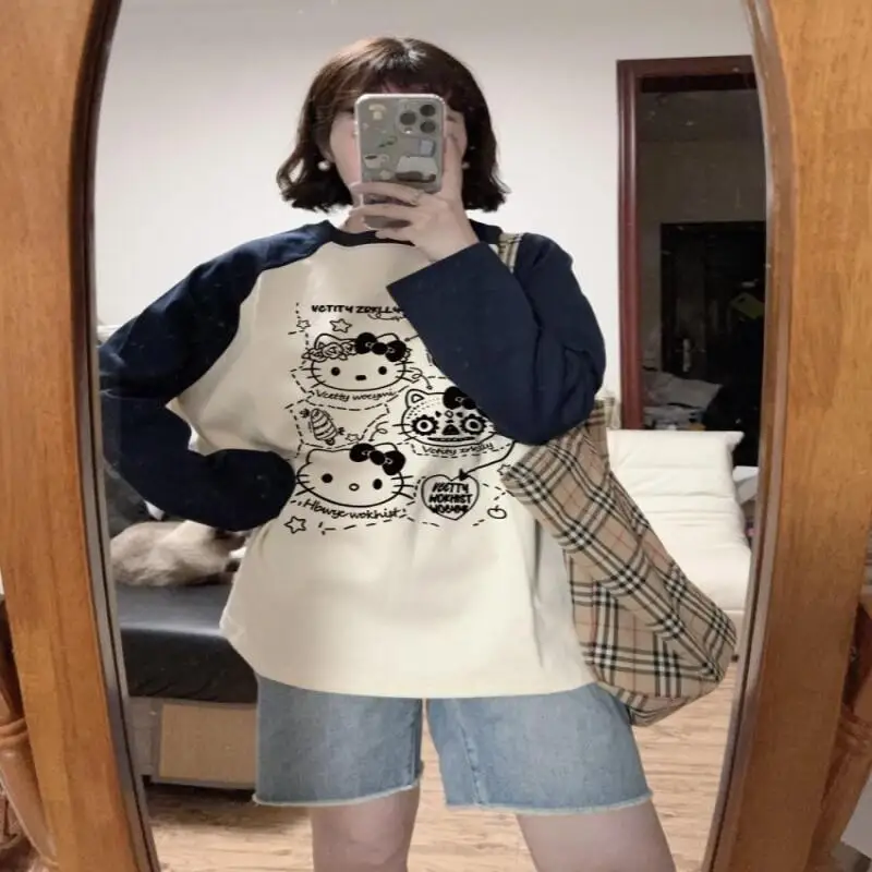 

Hot Sanrio Hello Kitty Raglan Long Sleeve T Shirt Fleece Lining Women Spring Autumn Casual Loose Warm New Original Design Tops