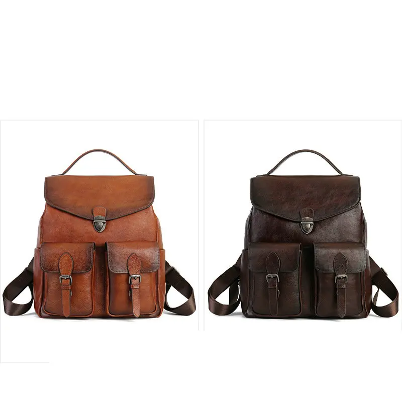 2025 Layer Cowhide Backpack Men's And Women Leisure Travel Vintage Large Capacity Leather Buckle Backpack SchoolBag