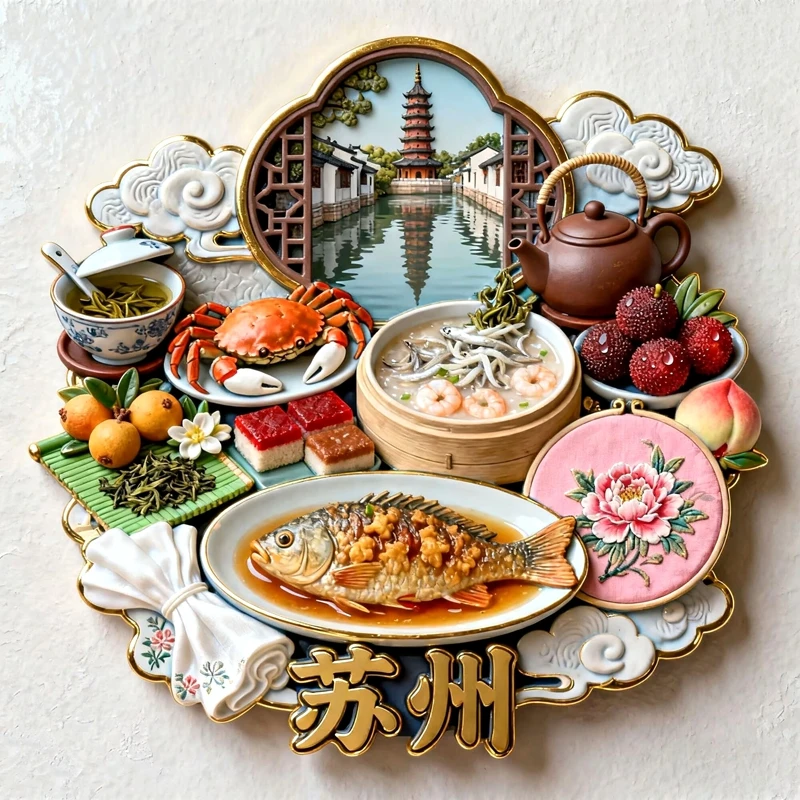 Food Metal Relief Of Suzhou Guiyu Crab Tea, China 3D Fridge Magnets Tourism Souvenirs Refrigerator Magnetic Stickers