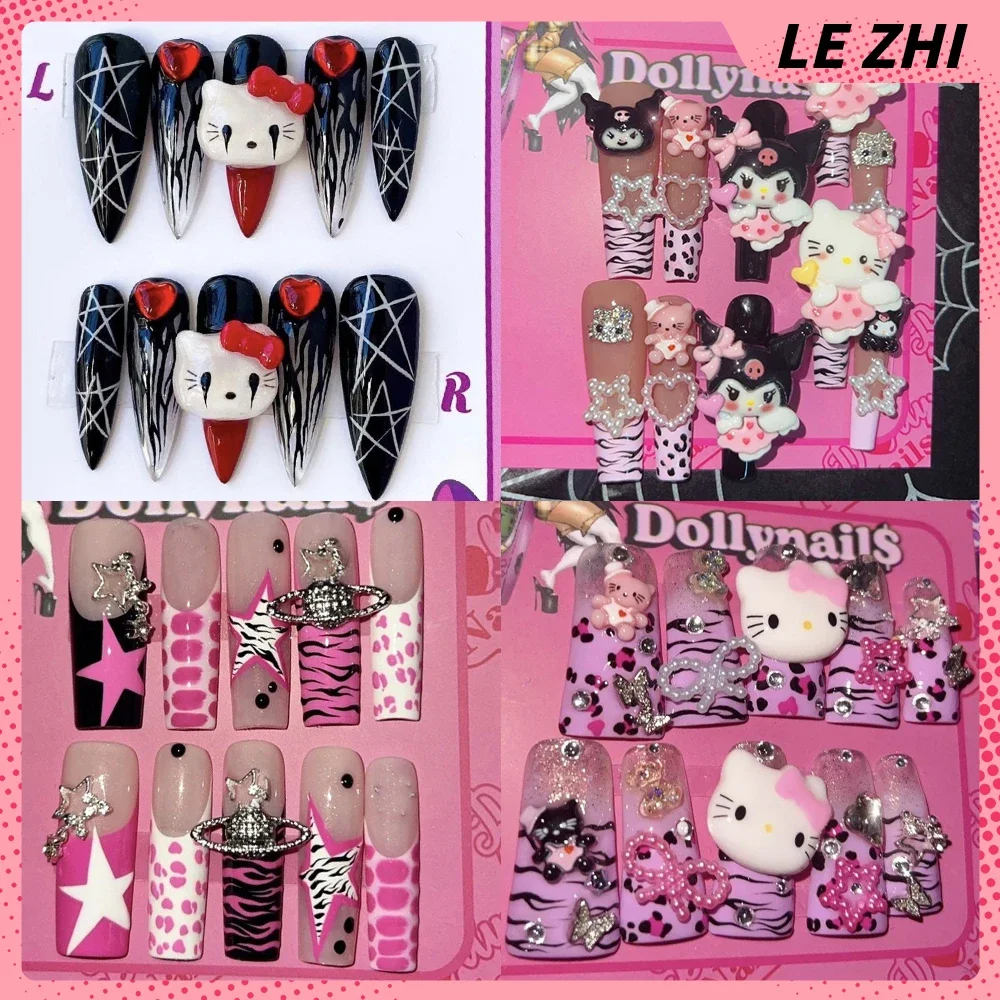 

Spice Girl Sanrioed Hello Kittys Kuromi Xl Duck-Bill Shape Fake Nail Y2K Leopard Print Zebra-Stripe Metal Diamond Fake Nail Gift