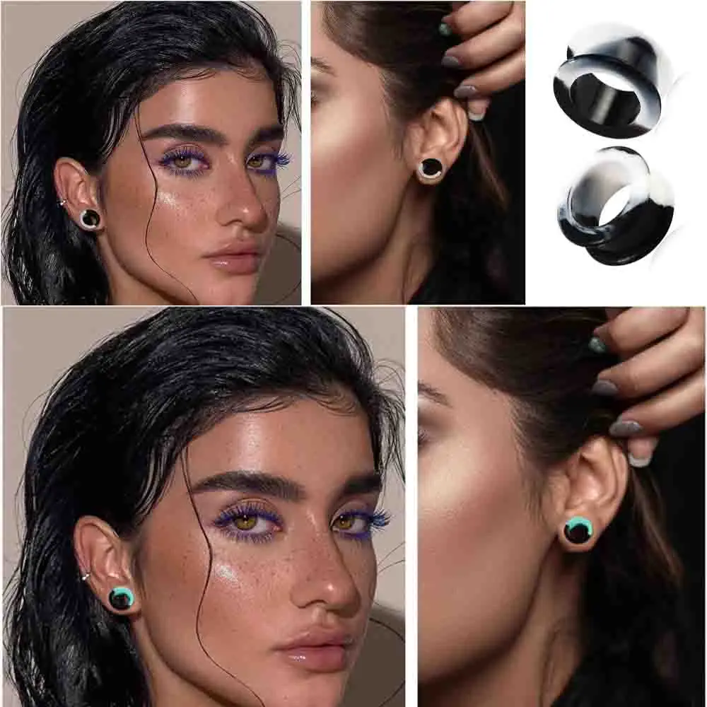1 Pair Hard Silicone Color Blocking Ear Tunnel Ear Gauges Plug Expander Piercing 2g-1" image 3