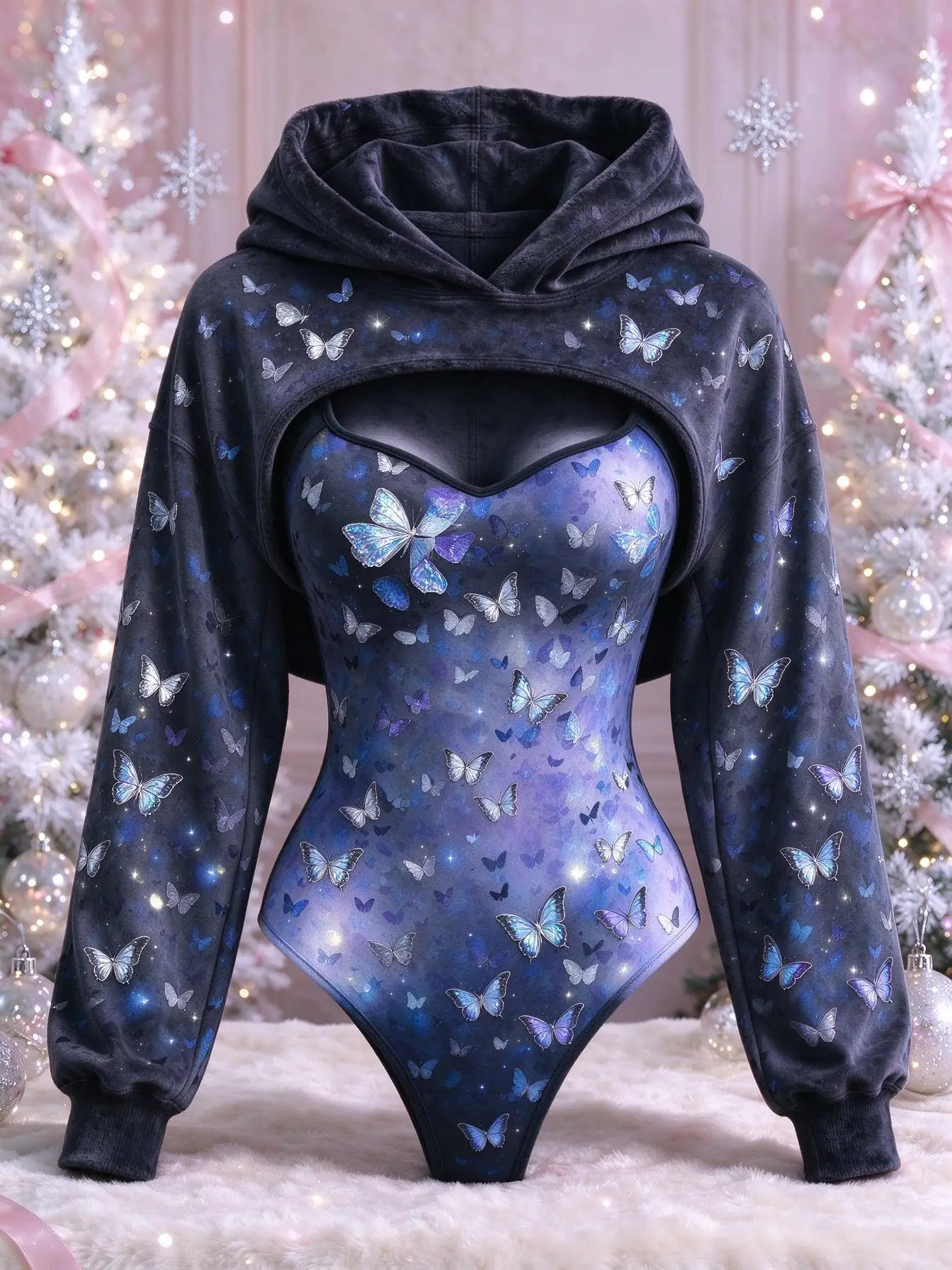Conjunto de dos piezas para mujer: body con estampado de mariposas en degradado de color rosa + chaleco con capucha, disfraz navideño.