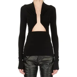 T-shirt 2024 Spring New Sexy Hollow Long sleeved Top Elastic slim V-neck tight fitting corset Top women crop y2k top pullover