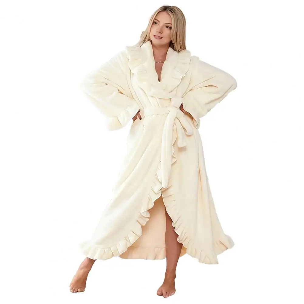 

Women Bathrobe Hanging Loop Bathrobe Cozy Women's Winter Robe Collection Fuzzy Ruffle Shawl Collar Kimono Bathrobe for Warmth