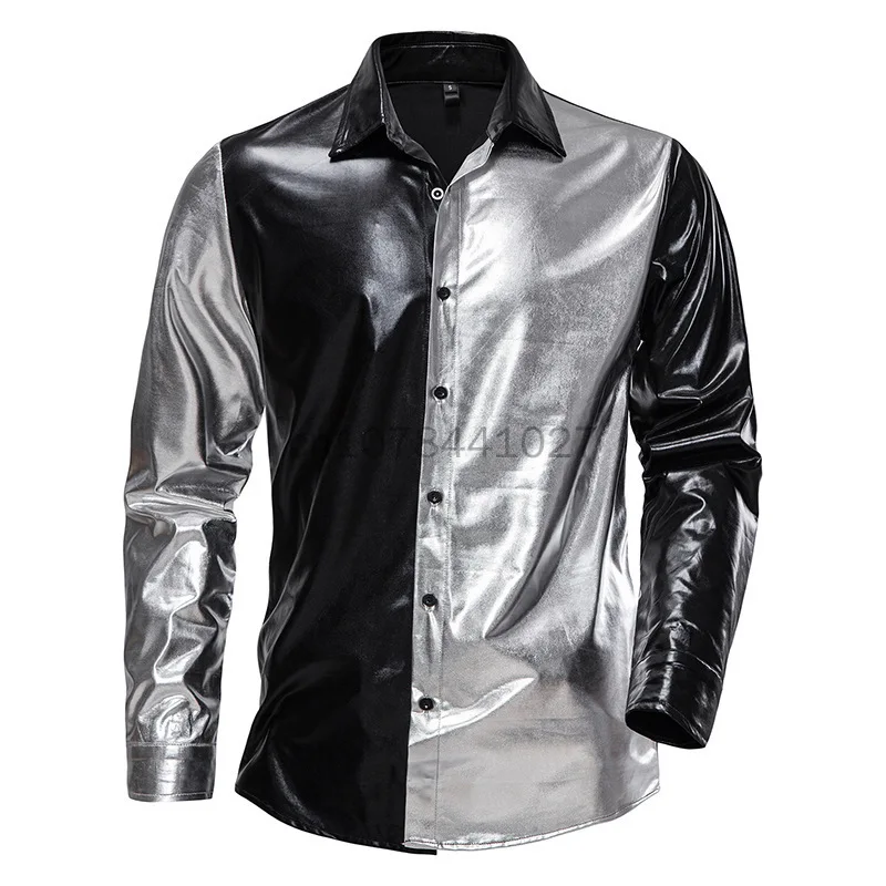 Nieuw Metallic Shirt Mannen Lange Mouw Knoop Naar Beneden Gecoat Disco Shirt Man Jaren 70 Disco Nachtclub Kerstfeest Kostuum Zwart Goud