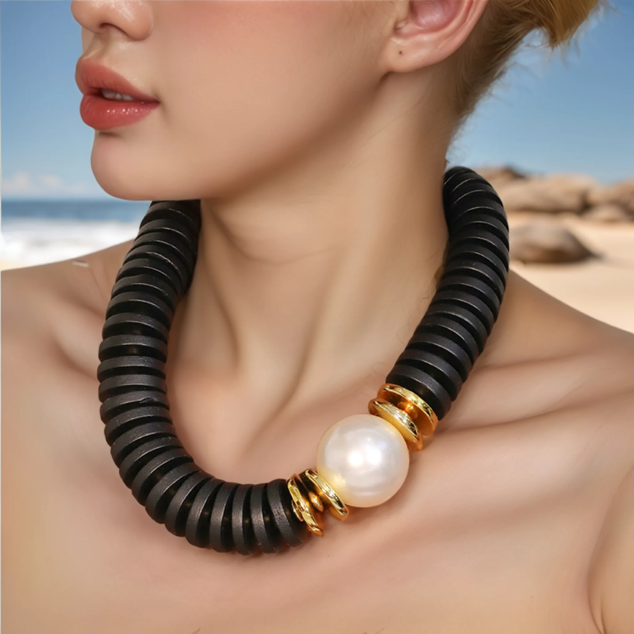 Statement Retro-Halskette mit Holzperlen, handgefertigt für Damen, trendiger Partyschmuck