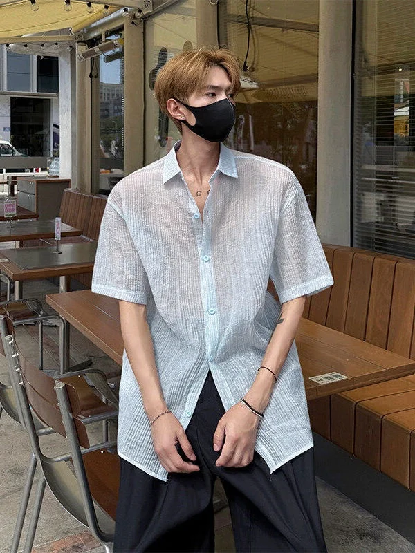 

Летняя тонкая мужская рубашка с коротким рукавом, текстурированная, полупрозрачная, свободного кроя, длиной до колена, с защитой от солнца, повседневная, модная