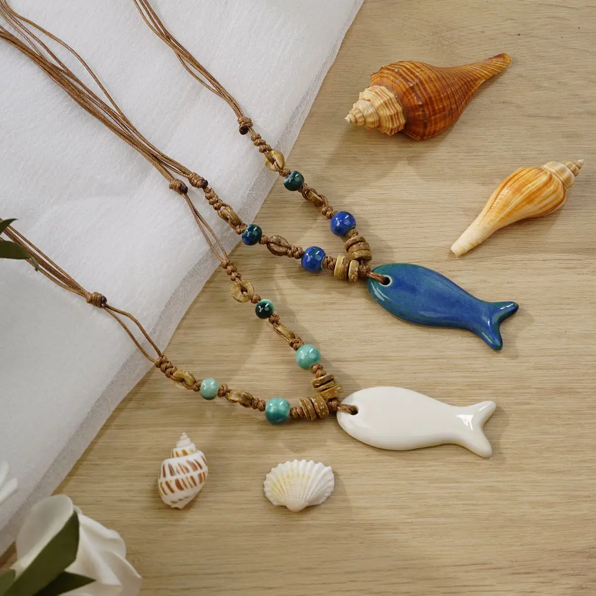 Ceramic Fish Pendant Necklace Woven Blue White Ocean Summer Vacation Lightweight Women Elegant Daily Party Travel Gift Wholesale