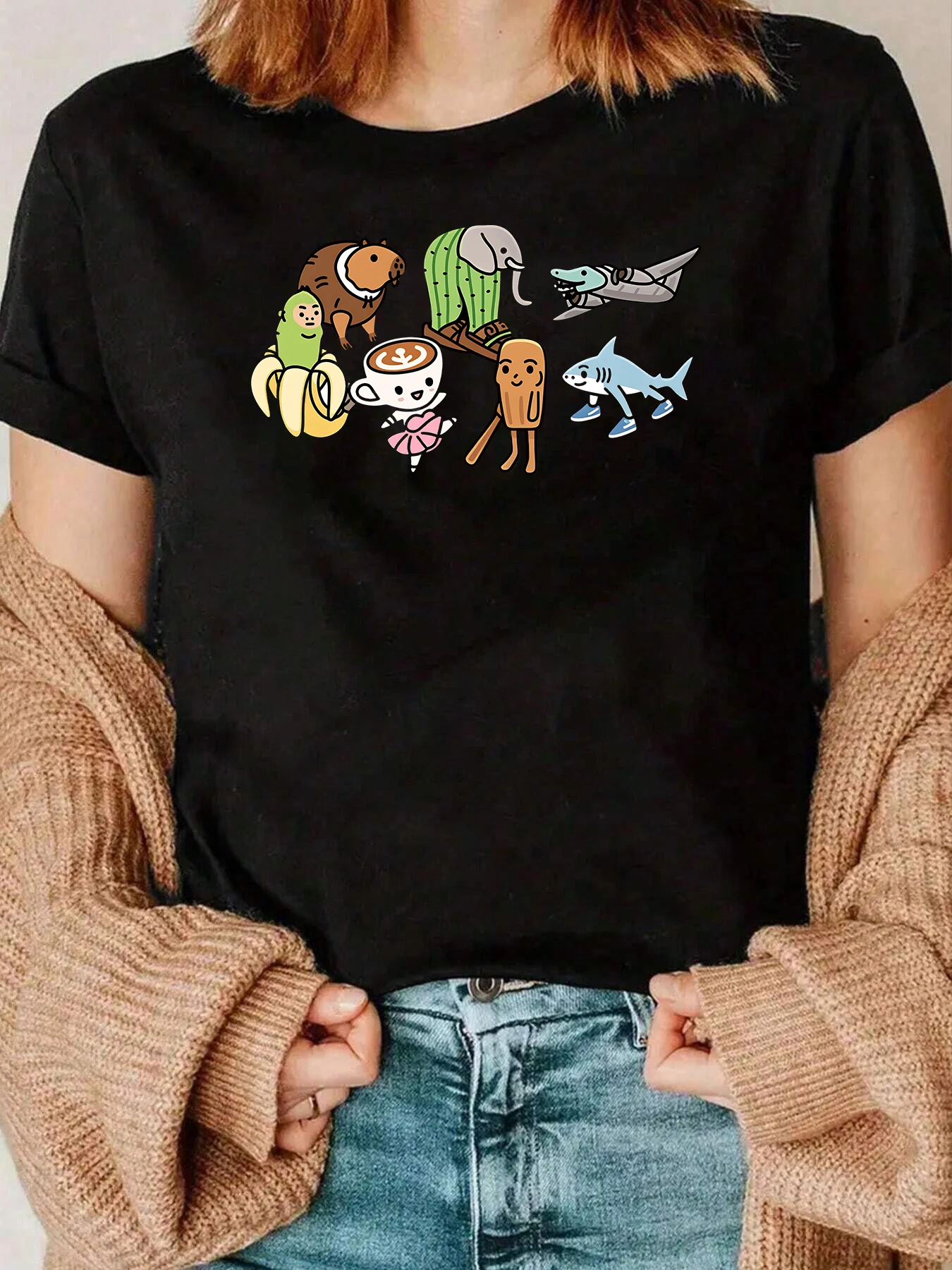 Cute Animal And Food Characters Print T Shirt For Women Casual Wear Everyday Outfit 220g