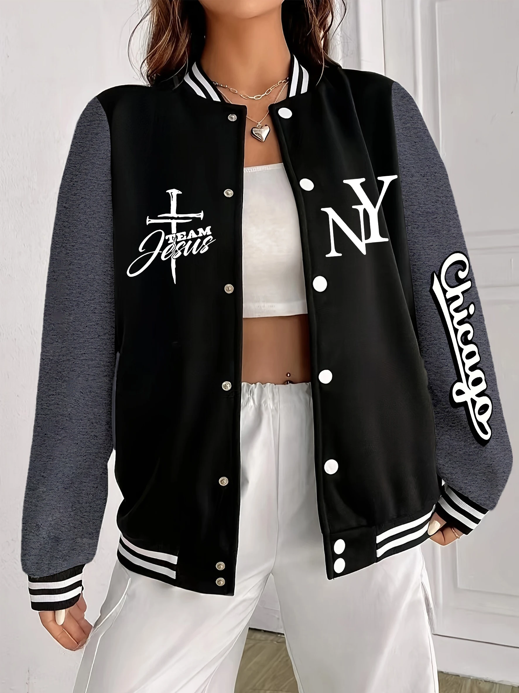 

Team Jesus New York City Pattern Jackets Women Autumn Fleece Streetwear Pocket Loose Baseball Uniform Casual Hip Hop Clothes