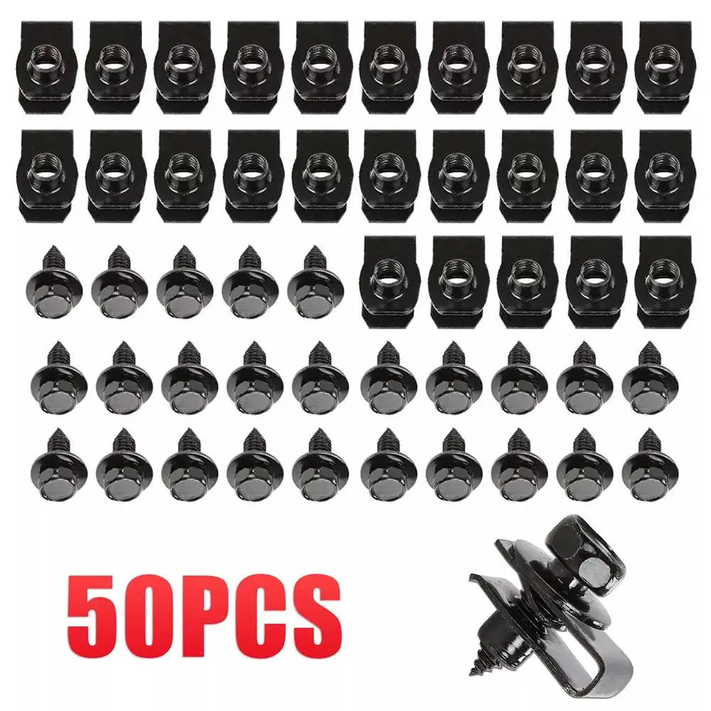 50pc Bolts & U Nuts Head Set Car Body Bolts & U-nut Clips Engine Cover Undertray Splash Shield Guard Bumper Liner Retainer