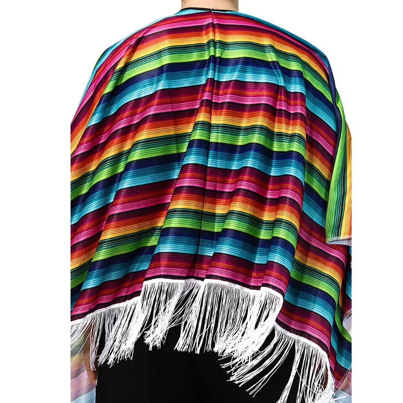Unisex Mexican Poncho Cinco de Mayo Rainbow Striped Fringe Cape Fiesta Party Halloween Cosplay Costume Shawl for Men Women view 5