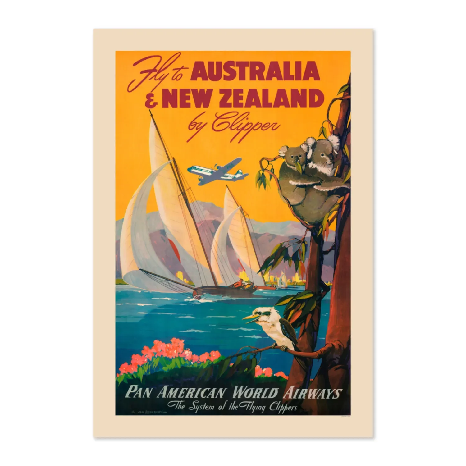 1950s Fly to Australia & New Zealand Vintage Style Air Travel Art Print Silk Poster Home Decor Painting