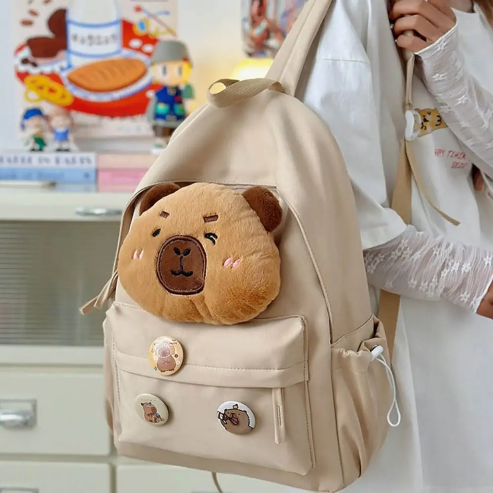 

Large Capacity Capybara Backpack Nylon Adjustable Shoulder Straps Cartoon School Bag Water Resistant Multi-pocket