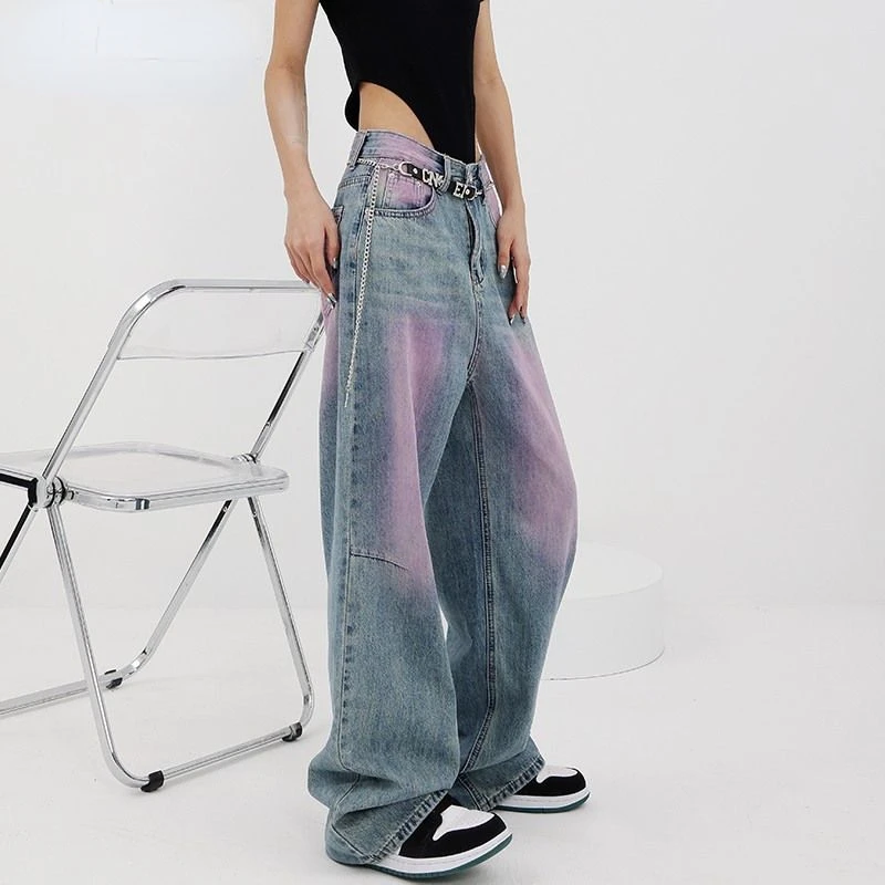 American Style High Street Retro Washed Jeans  Men and Women's Trendy Graffiti Niche Design  Wide Leg Mop Pants Streetwear