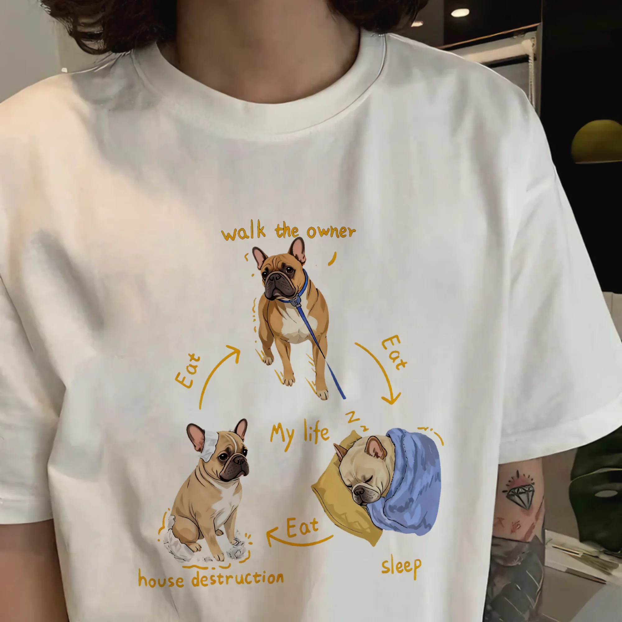 Loose Fit Long Sleeve Pure Cotton T-Shirt for Men And Women Casual Comfortable Breathable Dog Walking Sleeping Print Tee