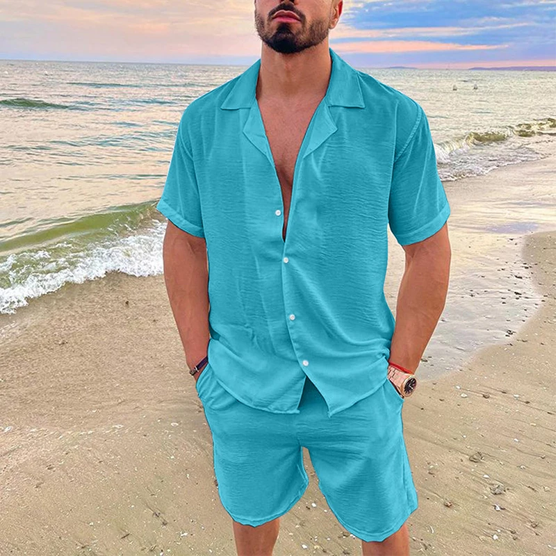 Chemise boutonnée à manches courtes et pantalon à poches courtes pour hommes, ensembles décontractés en coton et lin, deux pièces trempées, vacances
