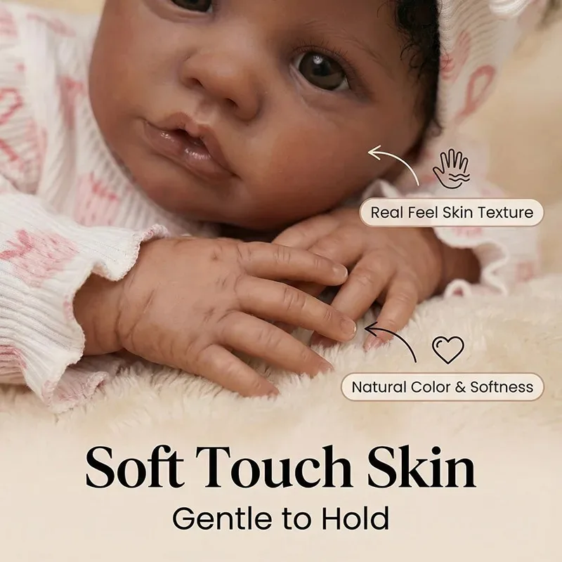 دمية قطنية بطول 19 بوصة (48 سم) على شكل فتاة منبهة بشعر أسود مزروع يدويًا، لعبة ريبورن