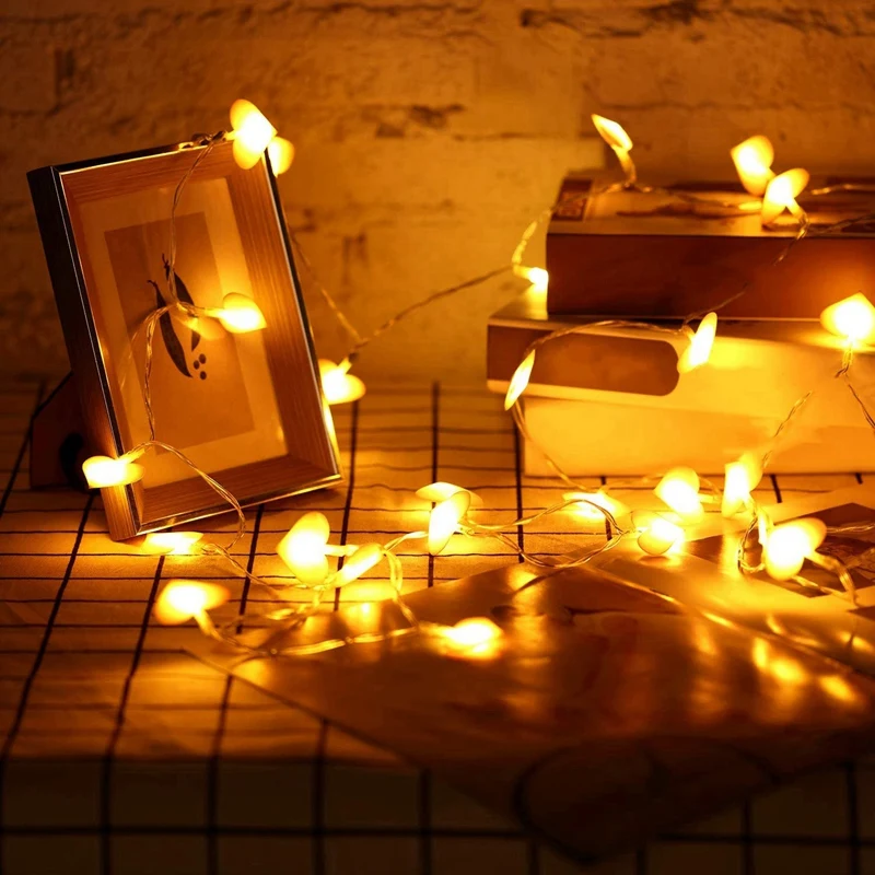 Cadena de luz LED en forma de corazón para el Día de San Valentín, lámpara de cadena de 8 modos alimentada por batería, Rosa 3D, 40 LED