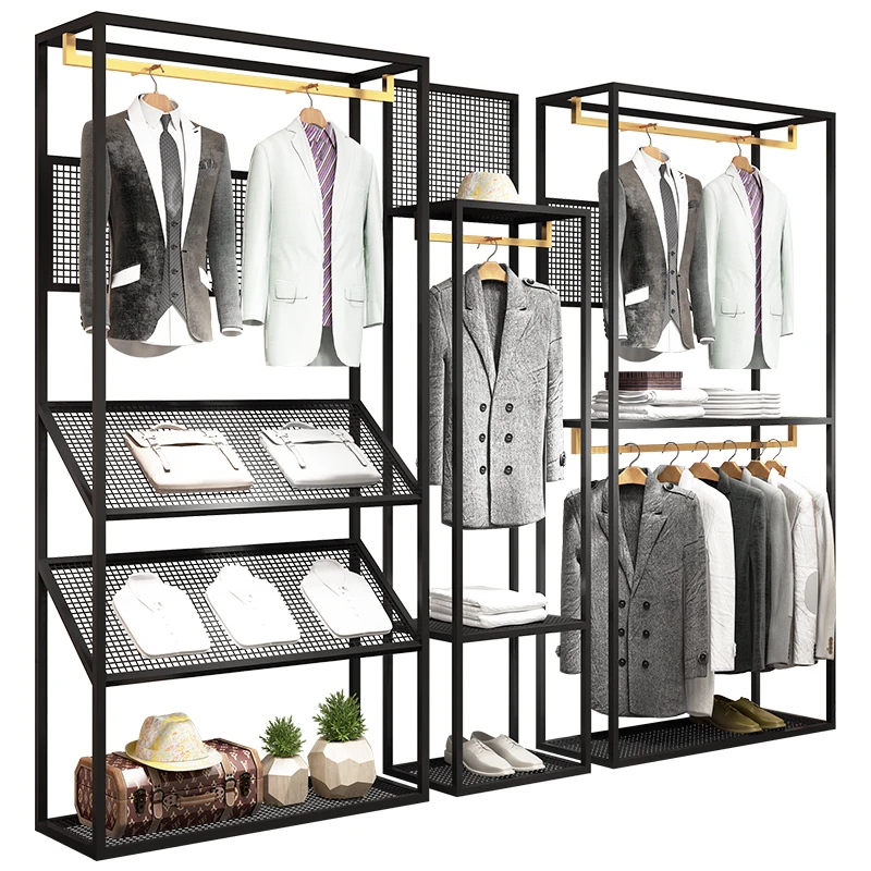 custom.Custom Clothes Store Garment Boutique Metal Stainless Steel Matte Black Display Stand Man Clothing Rack With Shelves