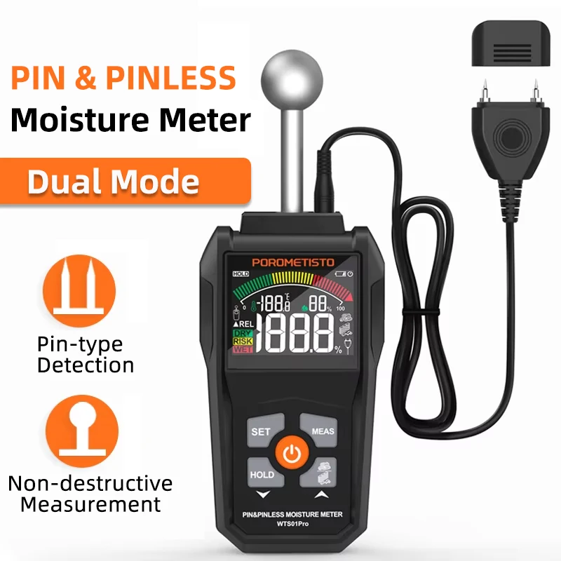 

Pin & Pinless Moisture Meter with Color Screen & Alarm Dual Mode Digital Wood Hygrometer Tester 0~99.9% Timber Damp Detector
