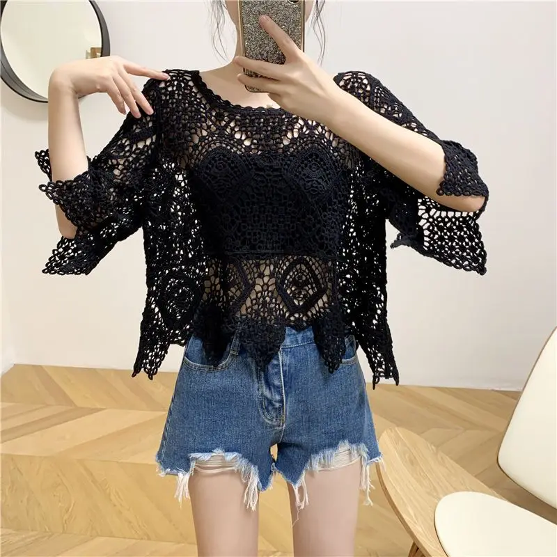 Summer Hook Flower Hollow Solid Short Sleeve Blouses Women Stylish Embroidery O-Neck Y2k Pullovers Loose Chic All-match Tops