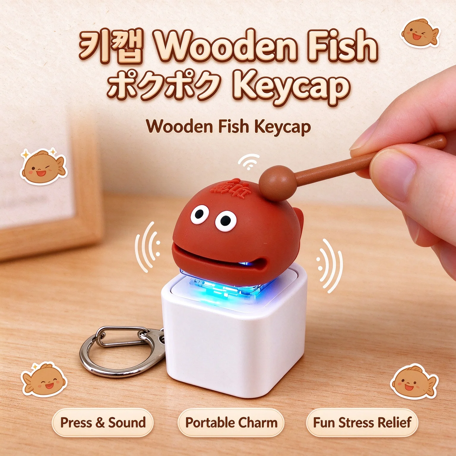 Electronic Wooden Fish Clicker Keychain Luminous Sound Fidget Toy Cartoon Pressable Stress Relief Backpack Pendant Funny Gift