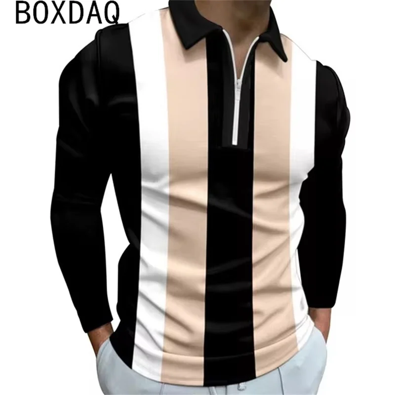 Golf Wear Men Sports Polo Shirts Fashion 3D Classics Striped Print Polos Spring Summer  Long Sleeve Lapel With Zipper Polo shirt