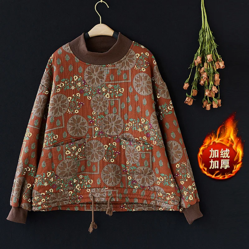 Sweat-shirt imprimé floral de style vintage chinois pour femmes, manches longues, sourire épais, pull chaud de la colonne vertébrale, mode rétro, nouveau, hiver