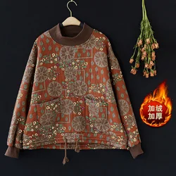 Chinese Vintage Style Women Winter New Fashion Retro Floral Print Long Sleeve Thicken Fleece Sweatshirt Mom's Warm Pullover Tops