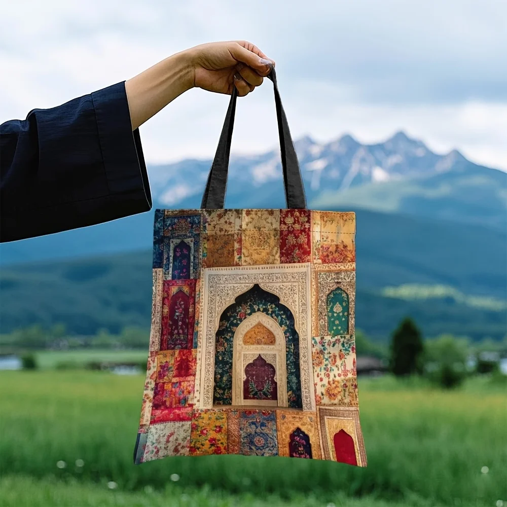 1個 イスラム教モスクプリントトートバッグ - 頑丈なポリエステルキャンバス、アラビアのアーチとイスラム美術デザイン、レッド/ゴールデン/グリーン/ブラック