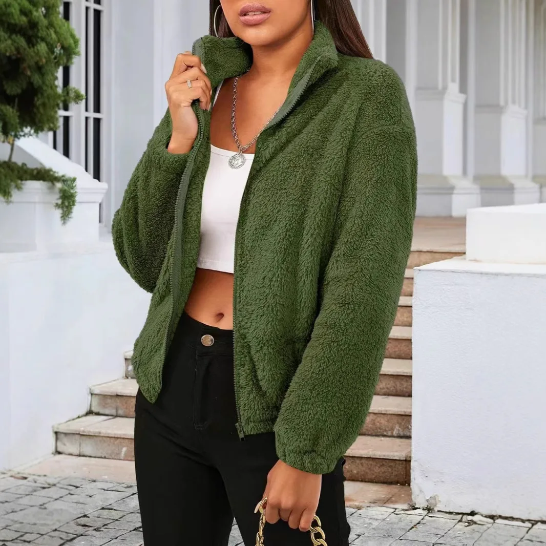 プル・ヒバー・ファム レディース スタンドカラー プラッシュジャケット 秋冬 多用途 無地 暖かいポケット付き 長袖 新作 ファー付きジャケット