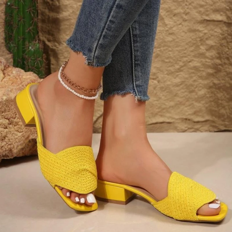 Fashion Summer Women Colorblock Braided Chunky Heeled Sandals Going Out Female Beach Shoes Korean Style High Heels Slippers