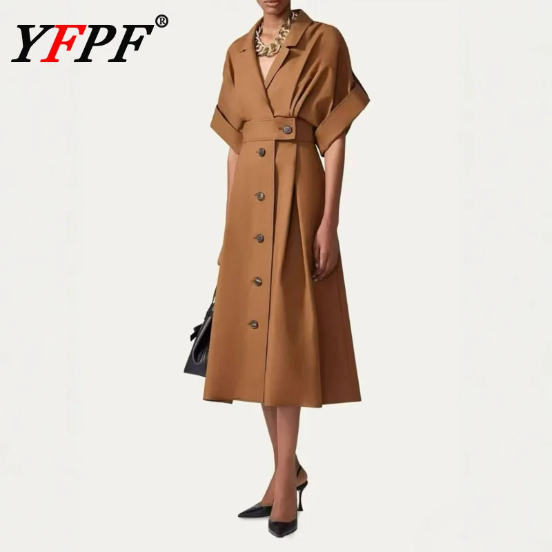 

YFPF 2026 Fashion New Women's Dress Lapel Collar Short Sleeve Button Belt Gathered Waist A Line Long Dresses Casual Clothing