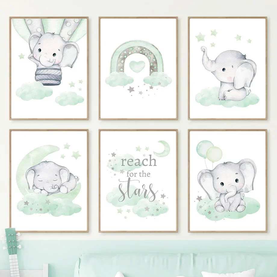 الفيل بالون قوس قزح القمر نجوم سحابة سوينغ الطفل الاطفال الملصقات جدار الفن الحضانة قماش يطبع المنزل غرفة الاطفال ديكور الصورة