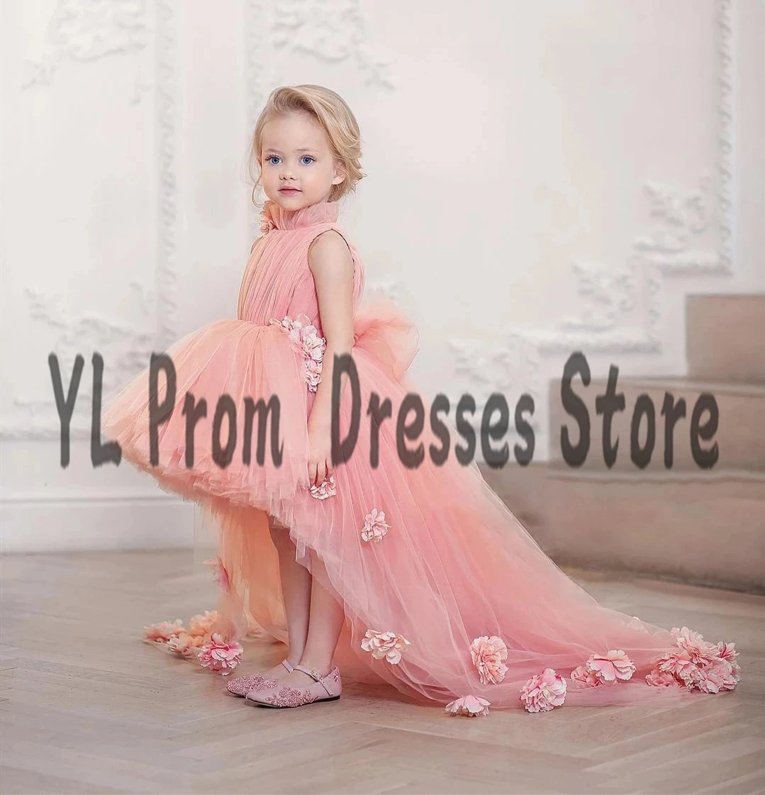 

YL Blush Pink 3D Flowers First Communion Gowns High Low Sleeveless Tulle Flower Girl Dress Princess Illusion Birthday Party Gown