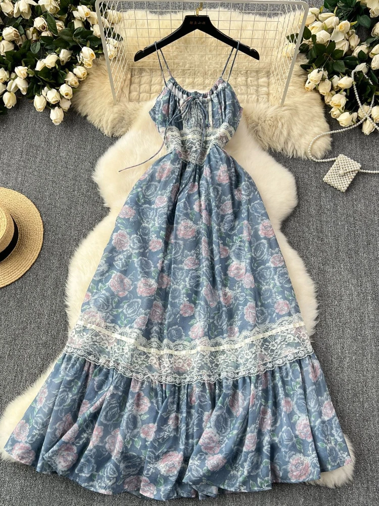 

Women French Sexy Vintage Lace Patchwork Floral Camisole Dress Summer Seaside Vacation Style High Waist Long Robe Vestidos
