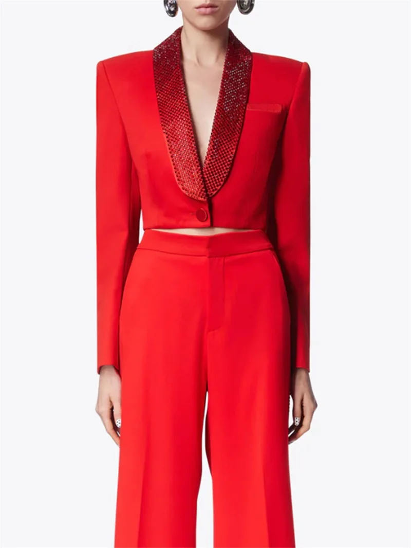 Sexy Formal Women Pant Suit Set Luxury Crystal Lapel Red Black Hollow Business Work Wear 2 Piece Short Blazer Jacket And Trouser