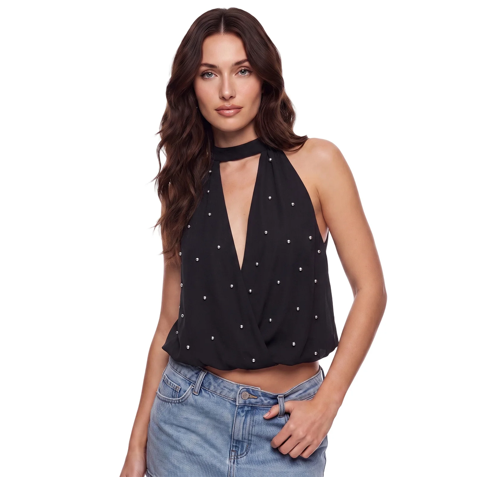 Women's Halter Neck Bubble Tops Solid Color Sleeveless Open Back Studded Tank Tops Summer Shirts Y2k Clubwear