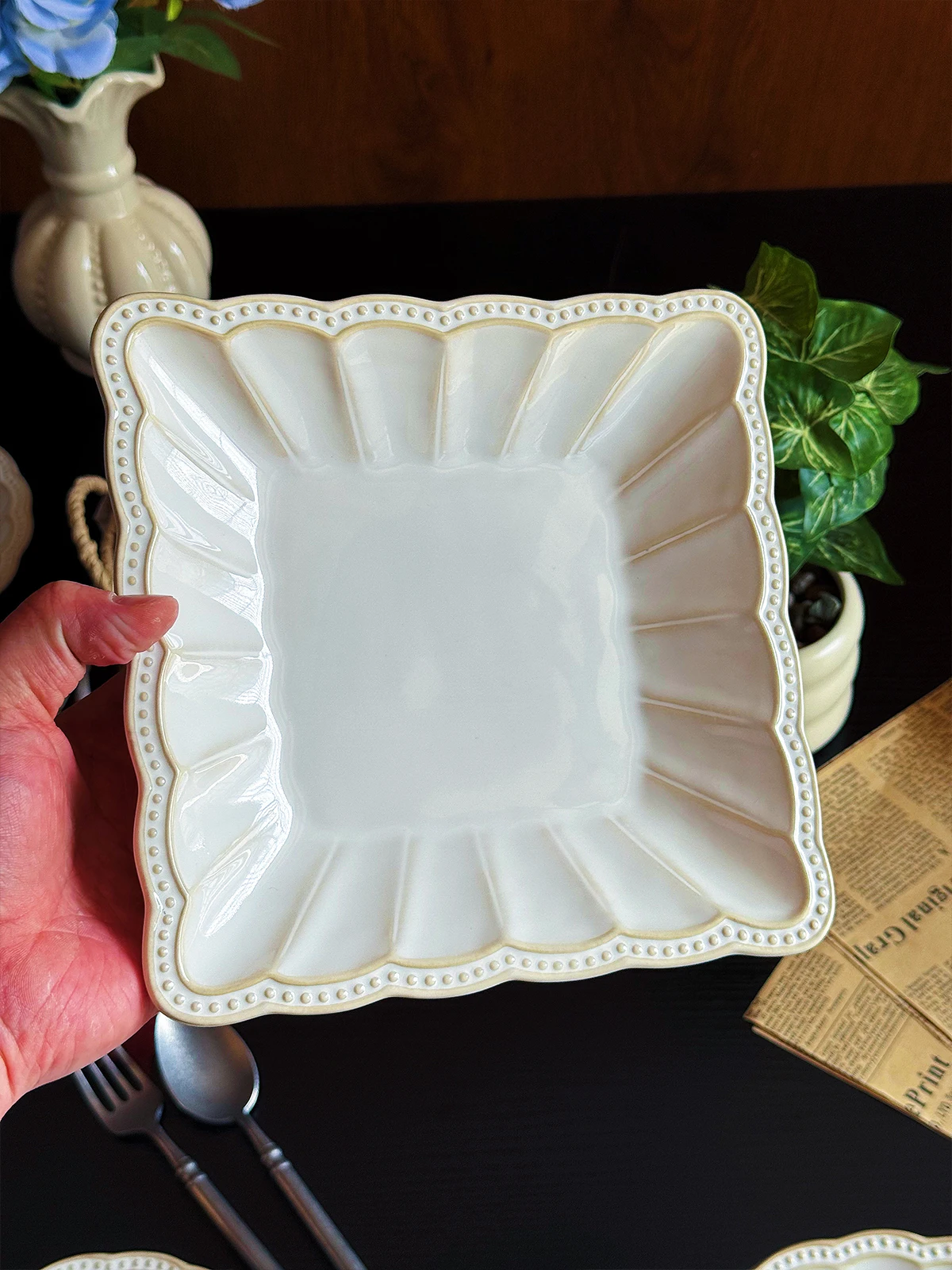 Ele Square Dinner Plate Cerc Handmade Deep Di French Sle Vintage Aesthetic Home Use Food Plate round ape Plate