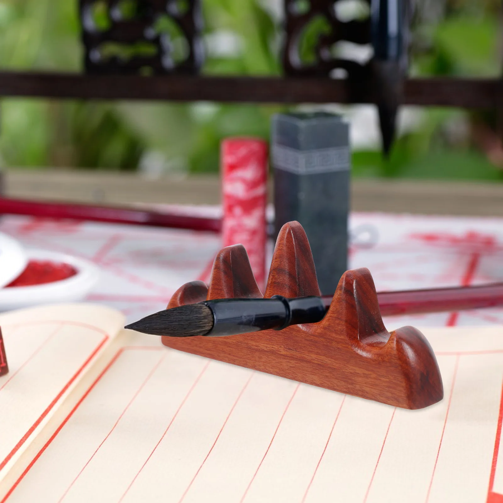 

2Pcs Red Wood Calligraphy Brush Holder Vintage Mountain Structure Durable Paint Brush Rest Stand Ink Writing Drawing Pen