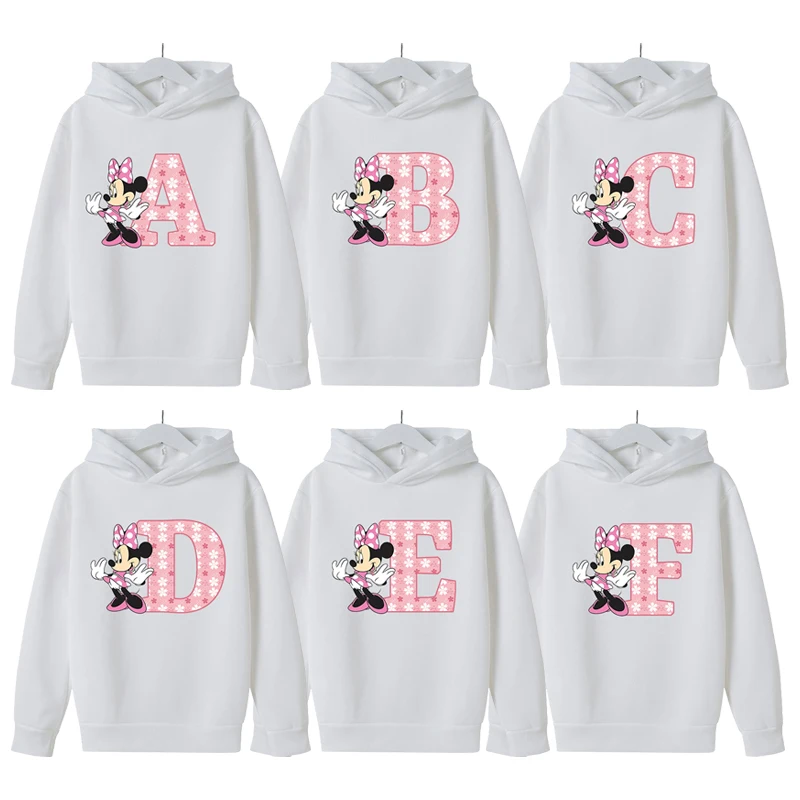 Disney Minnie Mouse Children's Hooded Sweatshirt Girls 26 Letter Print Pullover Anime Cartoon Winter Casual Warm Tops Cute Gifts