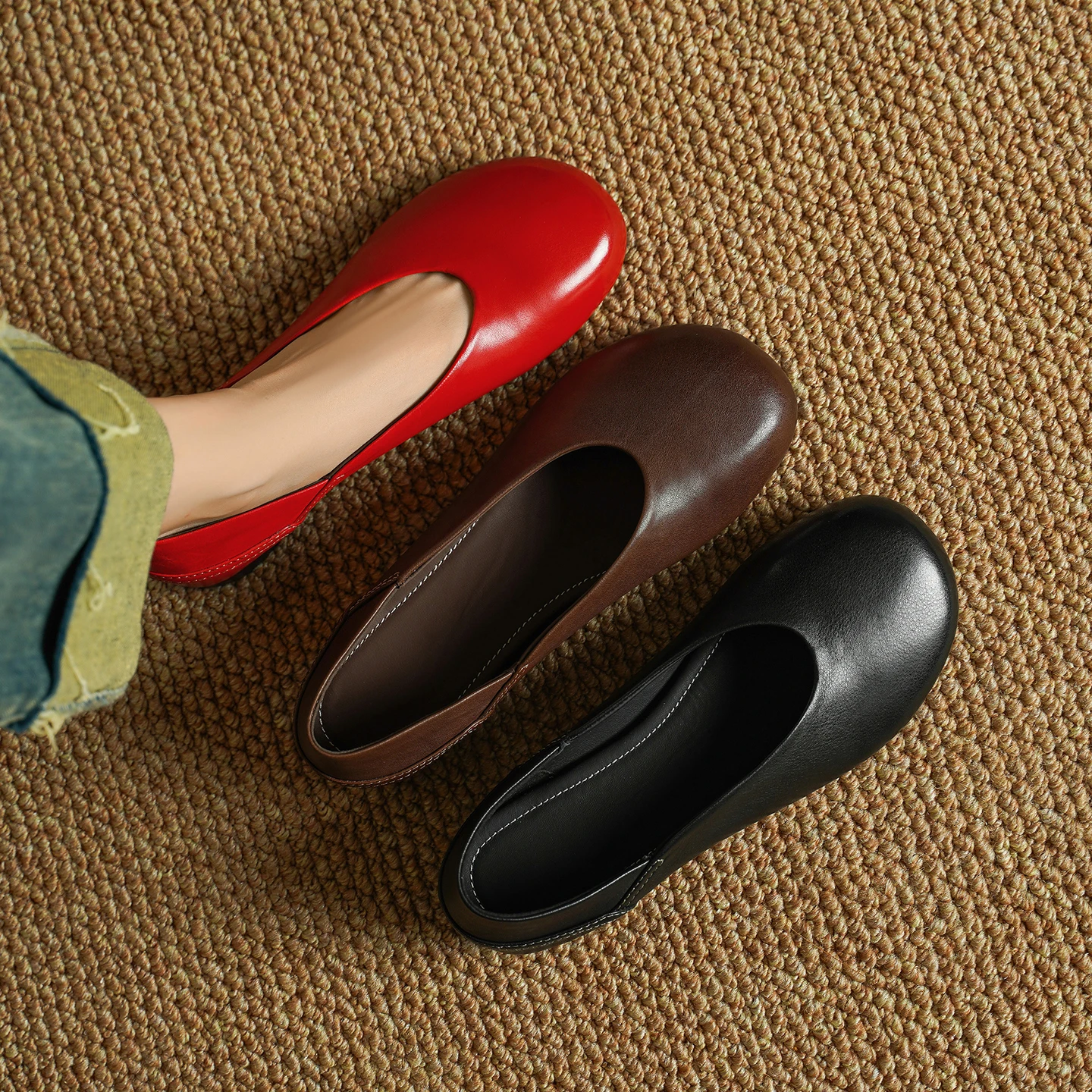 2026 new spring autumn women pumps natural leather 22-25cm cowhide+sheepskin round toe slip-on round heel women shoes fashion