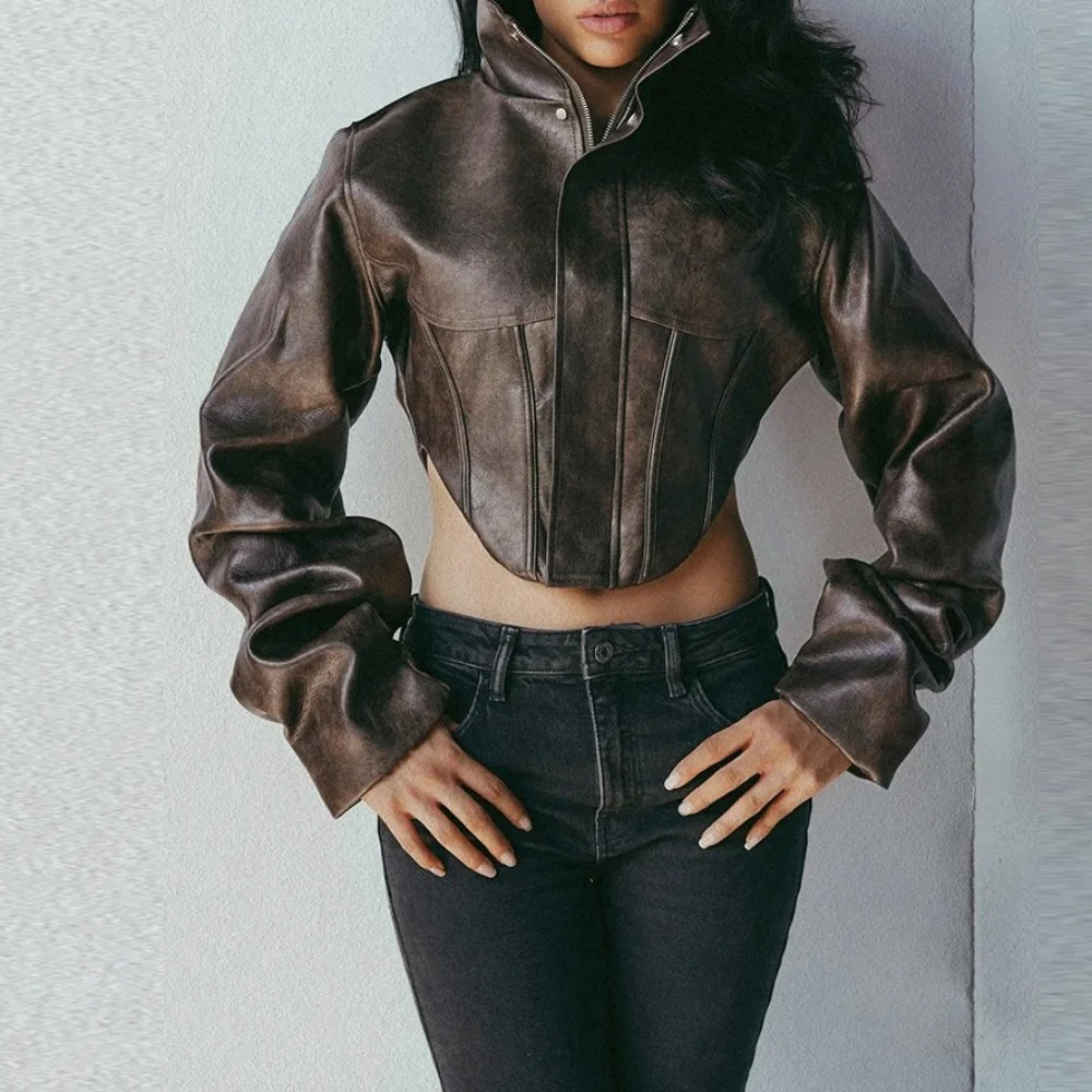 

Тонкие асимметричные куртки из искусственной кожи, женские модные однобортные тонкие короткие пальто с воротником-стойкой и длинными рукавами на молнии, укороченные топы