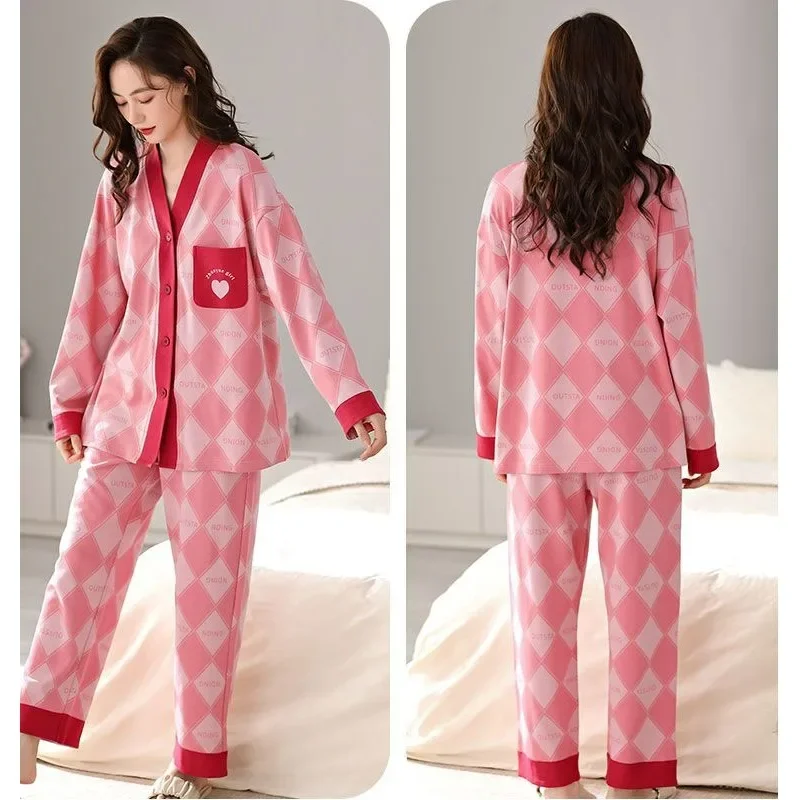 100% Cotton Pajamas Spring Autumn Women Long Sleeve Cardigan Simple Fashion Homewear Suit Female Large Size V-neck Sleepwear