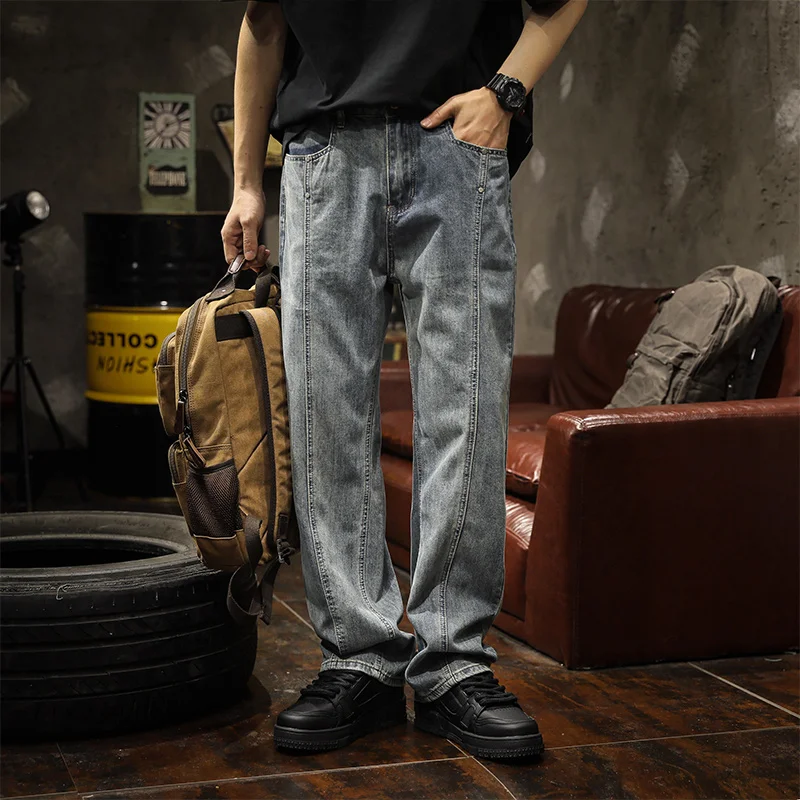 

American high street retro jeans men's spring heavy wash water loose straight pants trend everything casual wide-leg pants