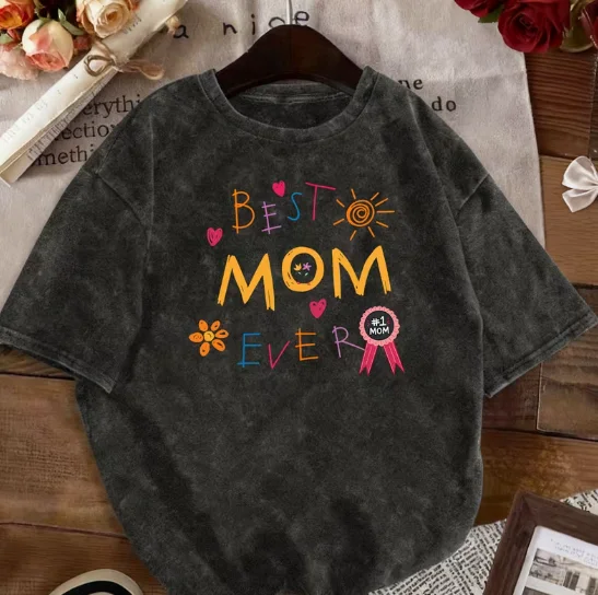 Parent Child Love Printed Washed Short Sleeved T-shirt Made of Old Round Neck T-shirts