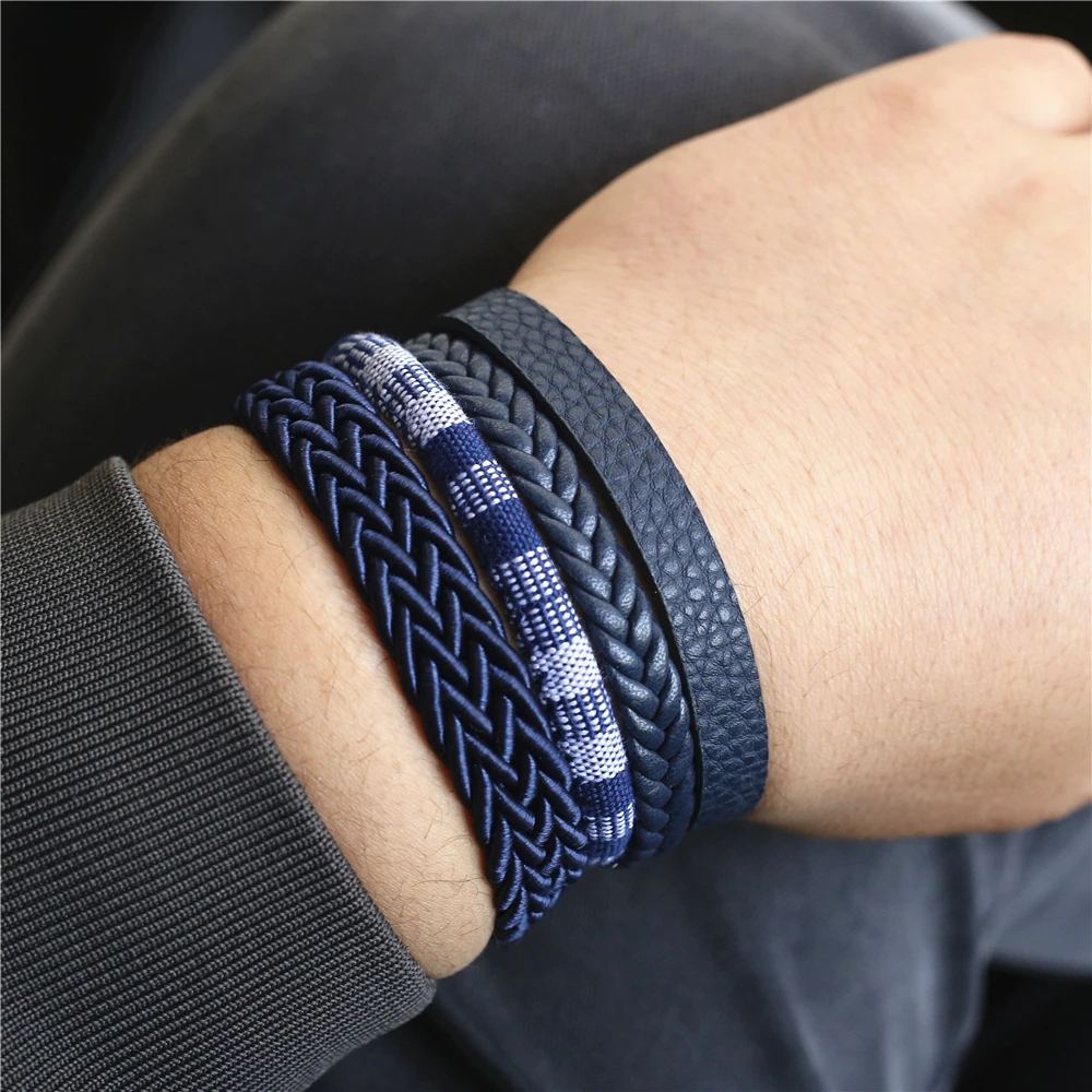 Westbull-Pulseras informales para hombre, brazaletes tejidos de cuero, azul, negro y marrón, joyería para hombre, 4 unidades por juego