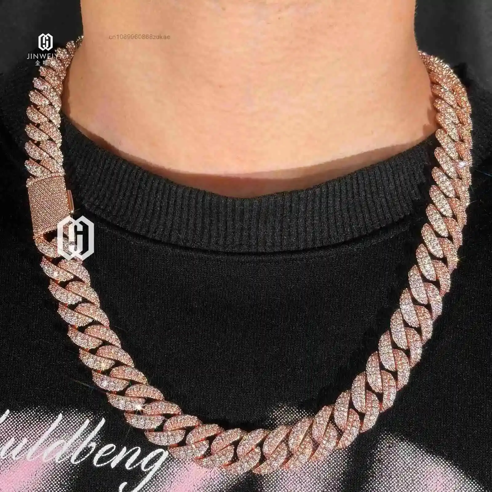 Fashion 14MM Raised Pointer Cuban Link Chain Brass VVS Diamond Moissanite Rose Gold Plated Iced Out Necklace Hip Hop Jewelry..
